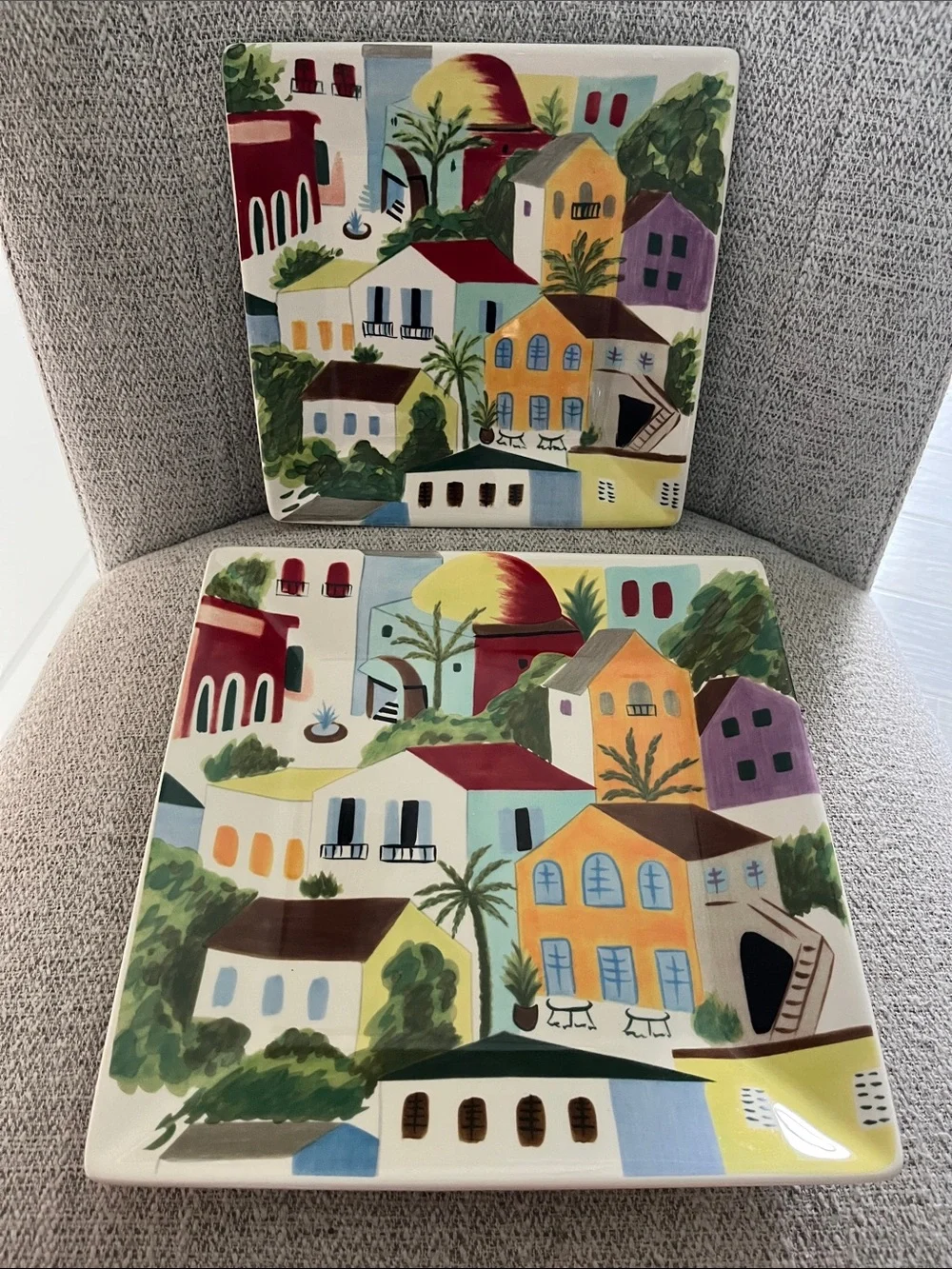 2 Pier 1 Villa del Sol hand painted earthenware square plates tuscan village